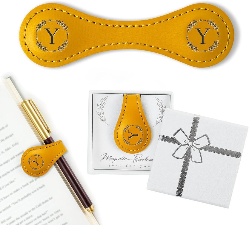 Personalized Leather Magnetic Bookmark with Pen Holder   Custom Initial Design for Readers Yellow-Y