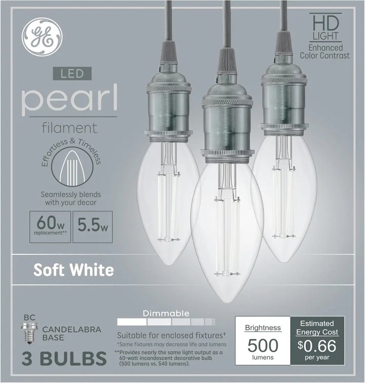 GE Relax HD Pearl Filament 60-Watt EQ BC Soft White Candelabra Base (e-12) Dimmable LED Decorative Light Bulb (3-Pack)