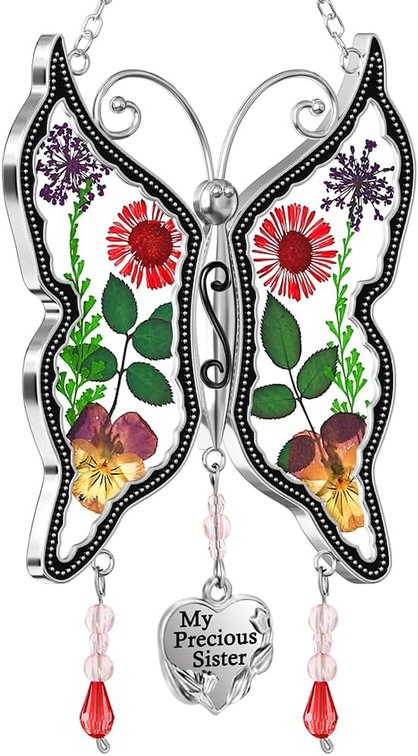 KY&BOSAM Sister Gift Butterfly Suncatcher Pressed Flower Glass for Window