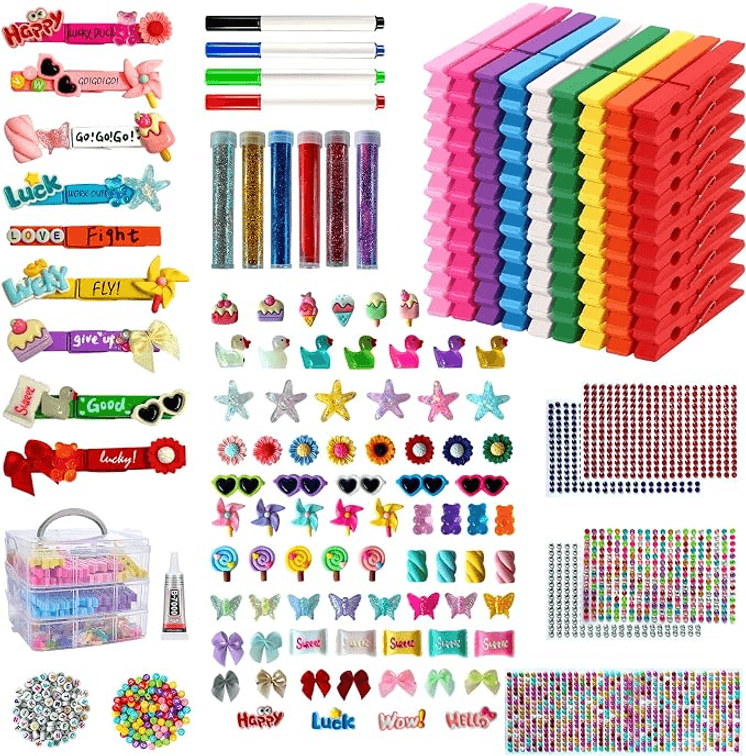 Polbecky Animation Pin Charms, 100 Colorful Wooden Clothes Pins, Cute Charms for Shoes and Phones, Craft Bows, Mini Resin Ducks with Storage Case