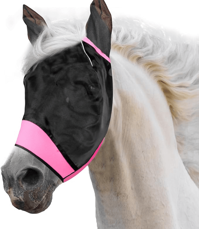 Horse Fly Mask with Ears Comfort Stretchy Face Covering for Protect Horse's Face, Ears, and Eyes from Horseflies/Tick/Bedbugs and UV Protection(Pink, Large)