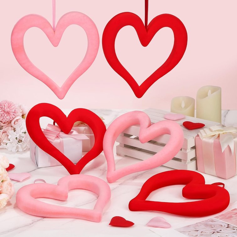 Aneco 6 Pieces Valentine's Day 3D Velvet Heart Hanging Ornament 9.45 Inch Foam Heart Wreaths for Valentine's Day Wedding Anniversary Front Door Home Decor, Red and Pink