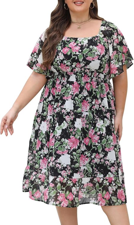 Size 1XL Plus Size Chiffon Floral Dresses for Curvy Women Casual Summer A-Line Wedding Guest Party Dress with Smocked Waist