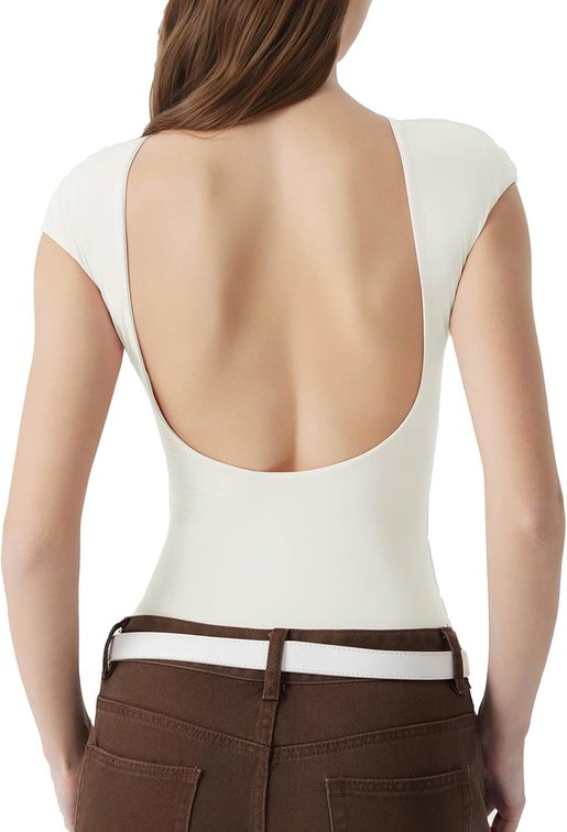 Size XL Women Backless Y2k Short Sleeve Bodysuit Double Lined Open Back Sexy Basic Top