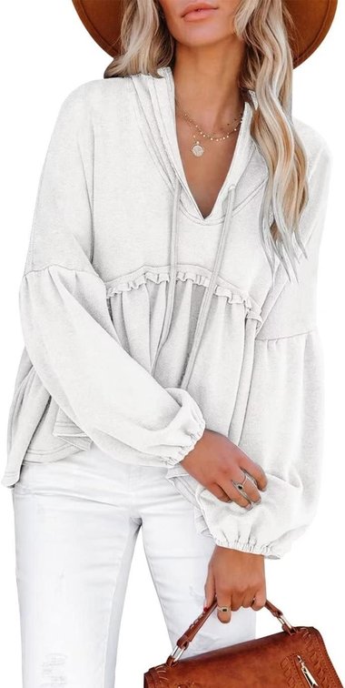 Size Large Womens Tunic Top Casual Long Sleeves Peplum Babydoll Ruffle Knit Hoodies Pullover