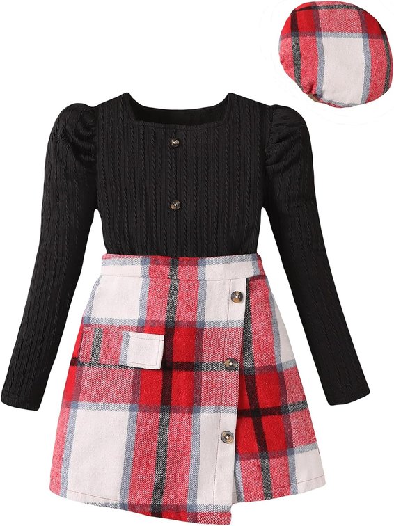 Size 8-9yrs Girls Puff Sleeve Plaid Skirt Beret 3 Piece