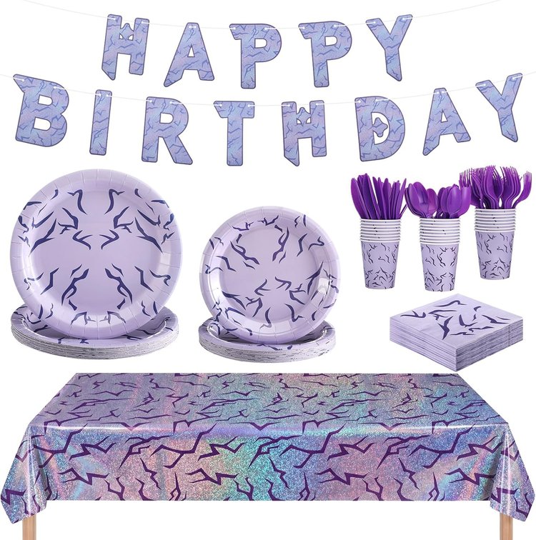 LemonRoad 179 Pcs K Pop Theme Party Supplies Set, K Pop Theme Birthday Tableware Set Purple Holographic Laser Energy Pattern Plates, Tablecloths, Banner, Cups, Napkins, Purple Party Sets for 25 Guests