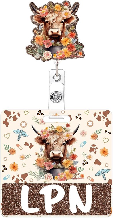 LPN Badge Reel with Buddy, Floral Cow Design for Practical Nurses