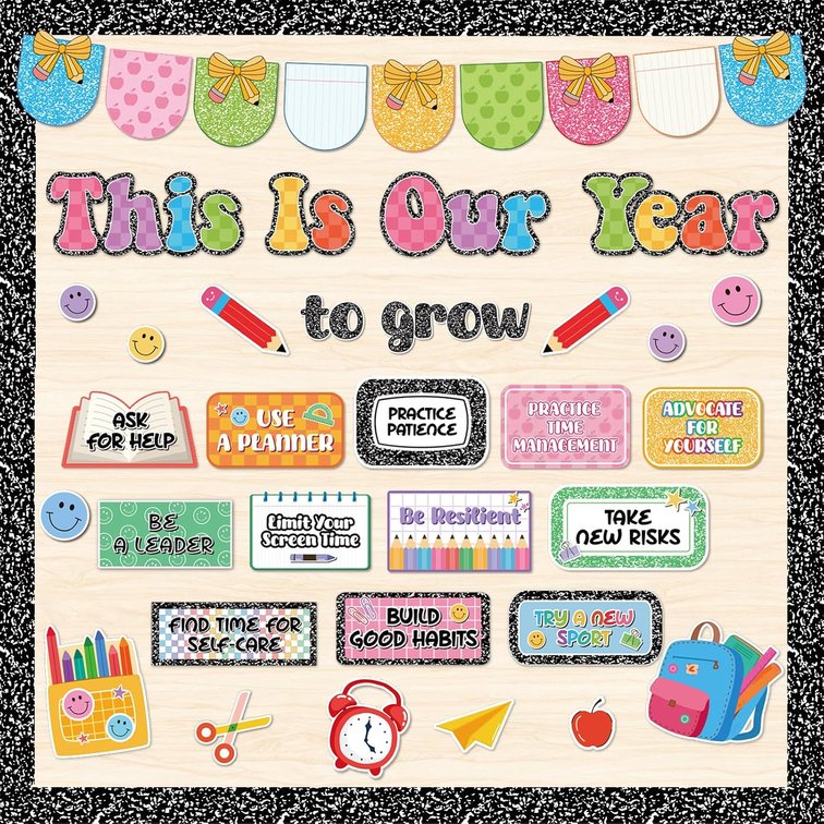 This is Our Year Bulletin Board Set Inspirational Composition Notebook Classroom Decor, Growth Positive Affirmations Notebook Happy Face Cutouts for Back to School Classroom Wall Chalkboard Supplies
