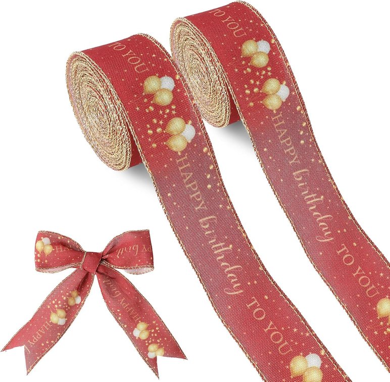 Red Wired Ribbon Red Happy Birthday to You Ribbon 1.5 Inch 10 Yards Red Brulap Ribbons for Birthday Gift Wrapping DIY Crafts Banner Party Decorations Wreath Flower Bouquet Cake Box 2 Rolls