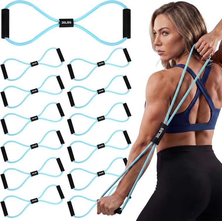 12 Packs Figure 8 Resistance Bands with Handles, Exercise Bands for Back, Workout for Arms, Shoulder, Leg, Physical Therapy, Pilates, Home Gym Workout Equipment for Women Men