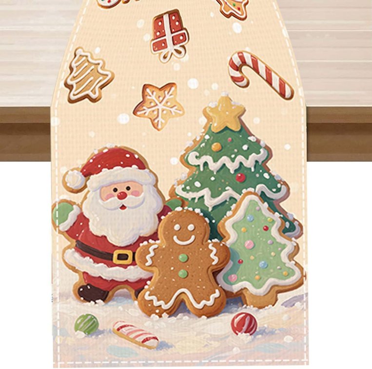Merry Christmas Table Runner 13x72 Inch Christmas Cookies Design Santa Claus Gingerbread Man Table Decoration for Party Home Kitchen Dining Holiday Decor Winter Kitchen Dining Table Decoration