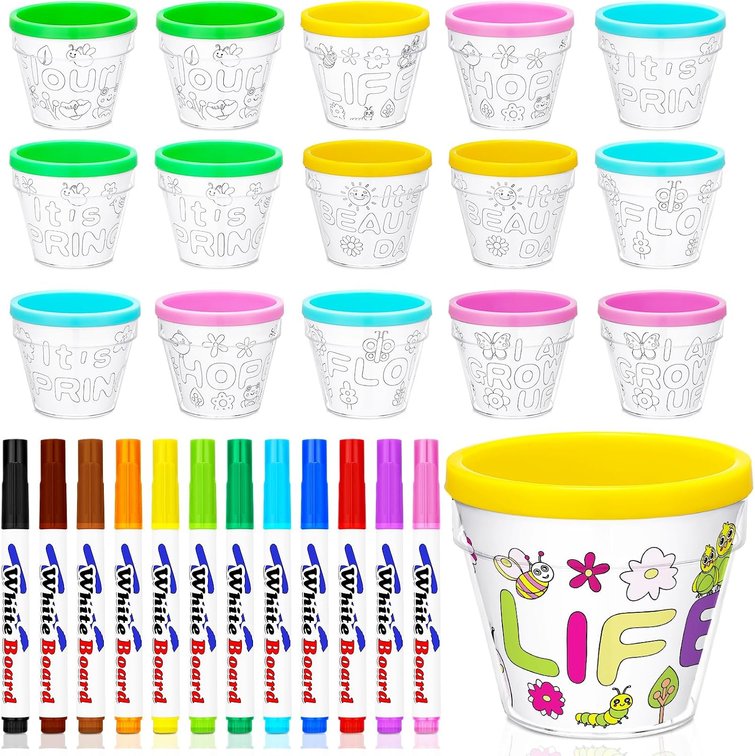 Meanplan 56 Pcs Spring Crafts 32 Spring DIY Flower Pots Paint Your Own Ornament Kit DIY Craft Pot 24 Colorful Markers, Decorate Your Own Flower Pot for Adults Activity