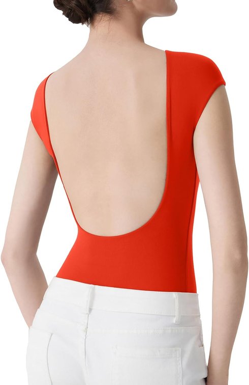Size Medium Women Backless Y2k Short Sleeve Bodysuit Double Lined Open Back Sexy Basic Top