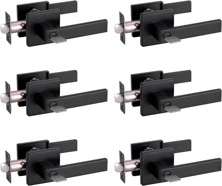 Entry Door Handle with Key GreenShield Lock Set, Heavy Duty Reversible Exterior and Interior Door Lever for Front Entrance, Bedroom and Room (6 Pack, Matte Black)