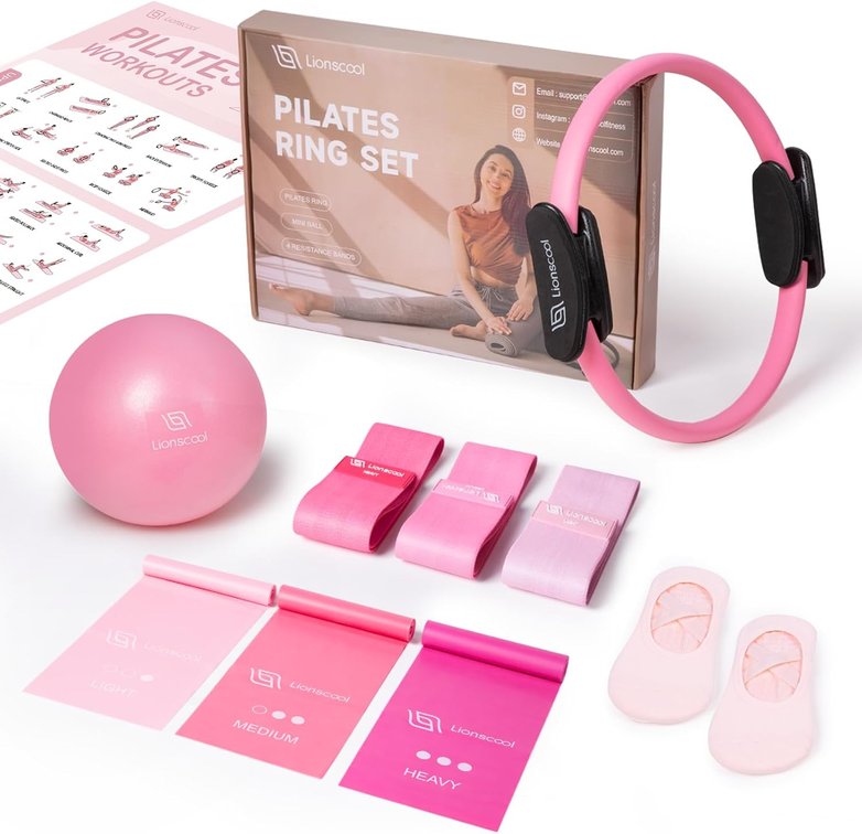 LIONSCOOL Pilates Ring Set 14" Magic Circle, 9" Mini Ball, Resistance Bands
