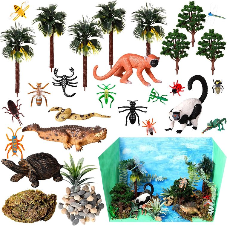 Rainforest Animal Figure Toys Set for Kid Rainforest Diorama School Diorama Supplies Kit Include Zoo Artificial Model Trees Stump Fake Rock Sand Stone Moss with Gift Box for 2026 Vbs School DIY Crafts