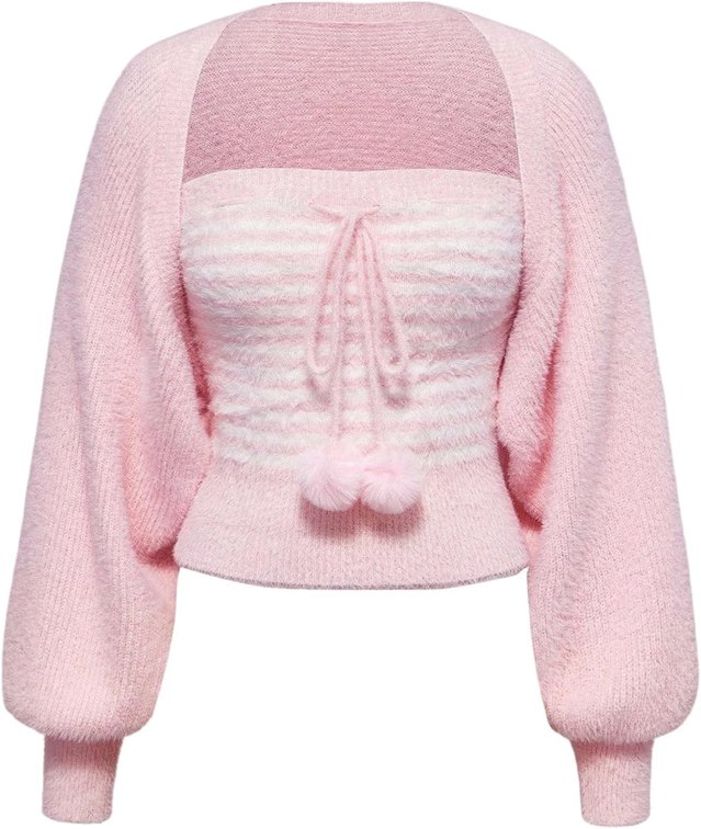 Size Large RoseSeek Women's 2 Piece Open-Front Lantern Sleeve Cardigans and Striped Tube Tops Cute Fall Outfits