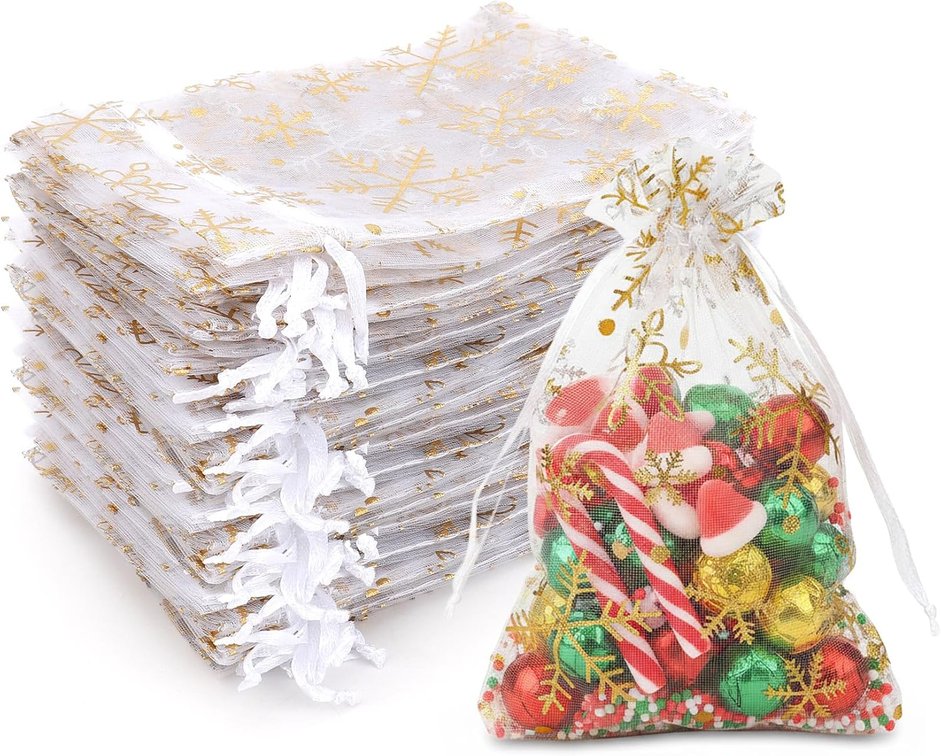 Snowflake Organza Bags, Christmas Organza Bags 4"x6", 100 PCS Gold Snowflake Mesh Bag Drawstring Party Favor Bag, Small White Mesh Gift Pouch Jewelry Mini Candy Pouch for Christmas Winter Party Supply