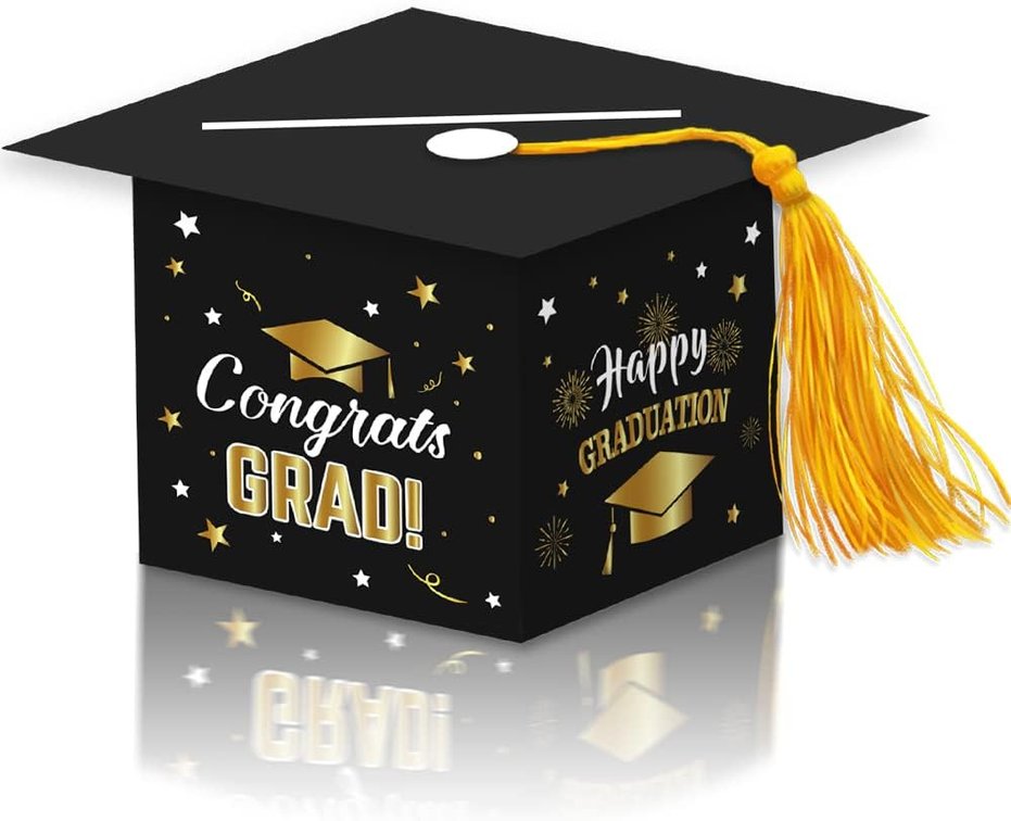 2026 Graduation Party Card Box, Black Gold Congrats Cap Card Holder Box with Tassel for 2026 Graduation Party Decoration