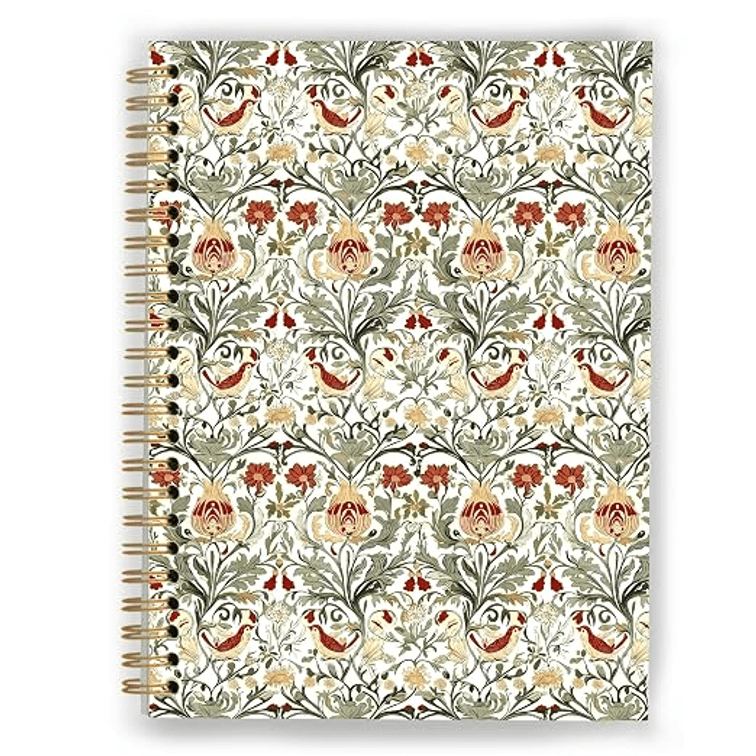 William Morris Floral Notebook, Vintage Botanical Bird Journal, Aesthetic Red Floral Notebook for Women, Hardcover Spiral Notebooks 5.5x8.3 Inch