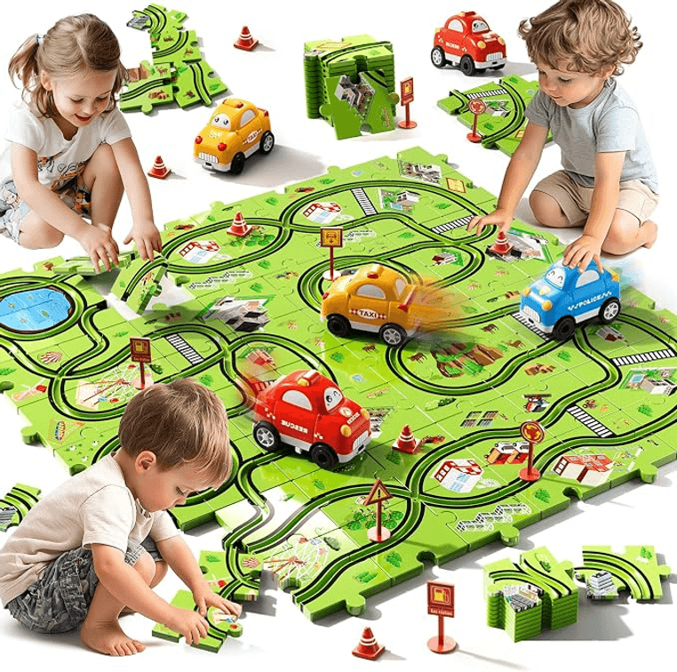 Beby Buty 64PCS Puzzle Track Car Set Toys for Kids Boys, Toddler Toys Gifts for 3 4 5 Year Old, Floor Puzzle Tracks Car for Boys