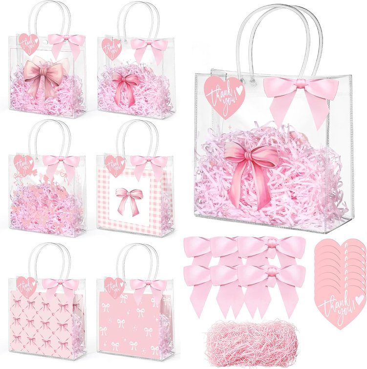 Sweetude 24 Set Pink Bow Clear Gift Bags with Handles Goodie Bag with Thank You Card Raffia Reusable PVC Treat Candy Tote Ribbon Bows Bags for Birthday Wedding Baby Shower Party Decoration Supplies