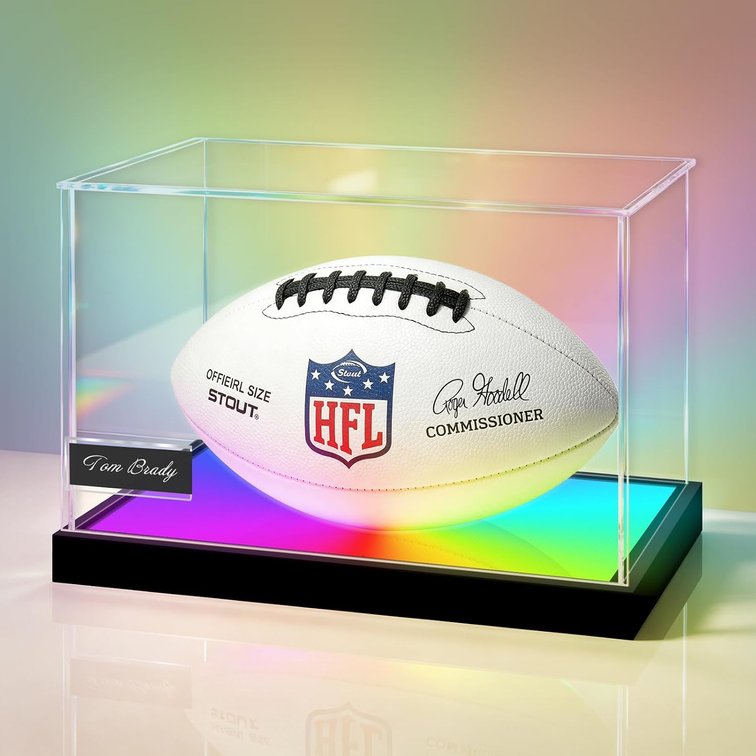 LANSCOERY Acrylic Football Display Case with Color Changing LED Light, DustProof Display Box with Name Plate, Clear Full Size Memorabilia Box for Autographed Ball