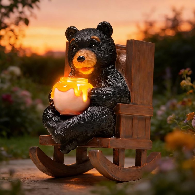 Sheaifun Solar Black Bear Garden Statue Resin Bear with Light Outdoor Decor