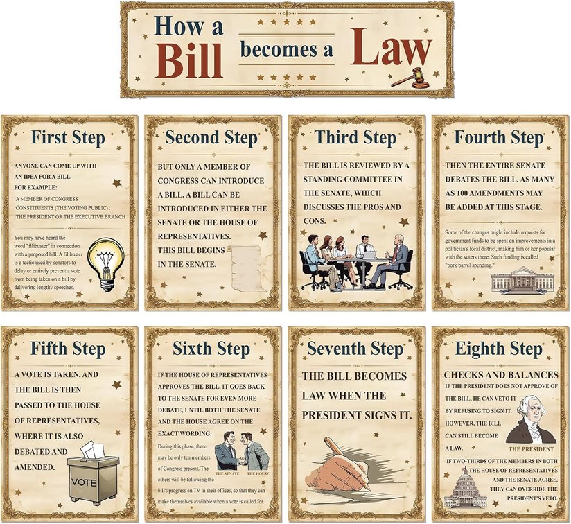party greeting 9pcs American Bill and Law Bulletin Board Set US Government and History Social Studies Posters Retro Classroom Decor Study Material for Middle High School Decorations Teacher Supplies