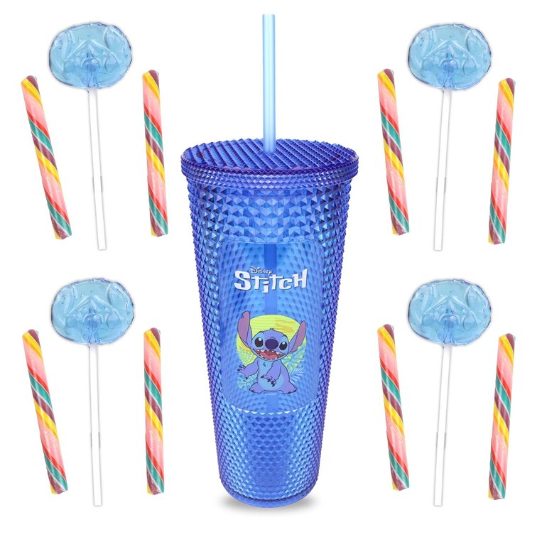 Lilo and Stitch Candy Tumbler 24 Ounce Reusable Cup with Lid and Straw, 5 Lollipops and 8 Sticks Inside, Individually Wrapped Pieces