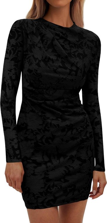PINK NOT BLACK Size XL Women's Fall Bodycon Dresses 2026 Sexy Long Sleeve Ruched Lace Floral Mini Party Dress Tight Club Outfits