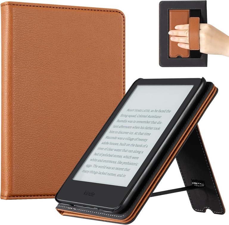 CoBak Case for 6" E-Reader - PU Leather Smart Cover with Auto Sleep/Wake & Hand Strap, not Compatible with Kobo Clara,Lychee Brown