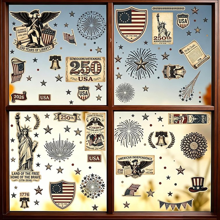 American 250th Anniversary Window Cings Retro Window Decals Stickers for Glass USA Windows Decoration 4th of July Patriotic Window Stickers for Independence Day Home Party Glass Decor 2 Sheet