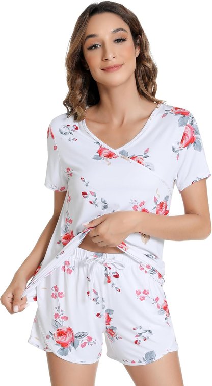 Size Small Pajamas for Women-Viscose Made from Bamboo, Pjs Short Sleeve Sleepwear V Neck Loungewear Soft Pajama Sets