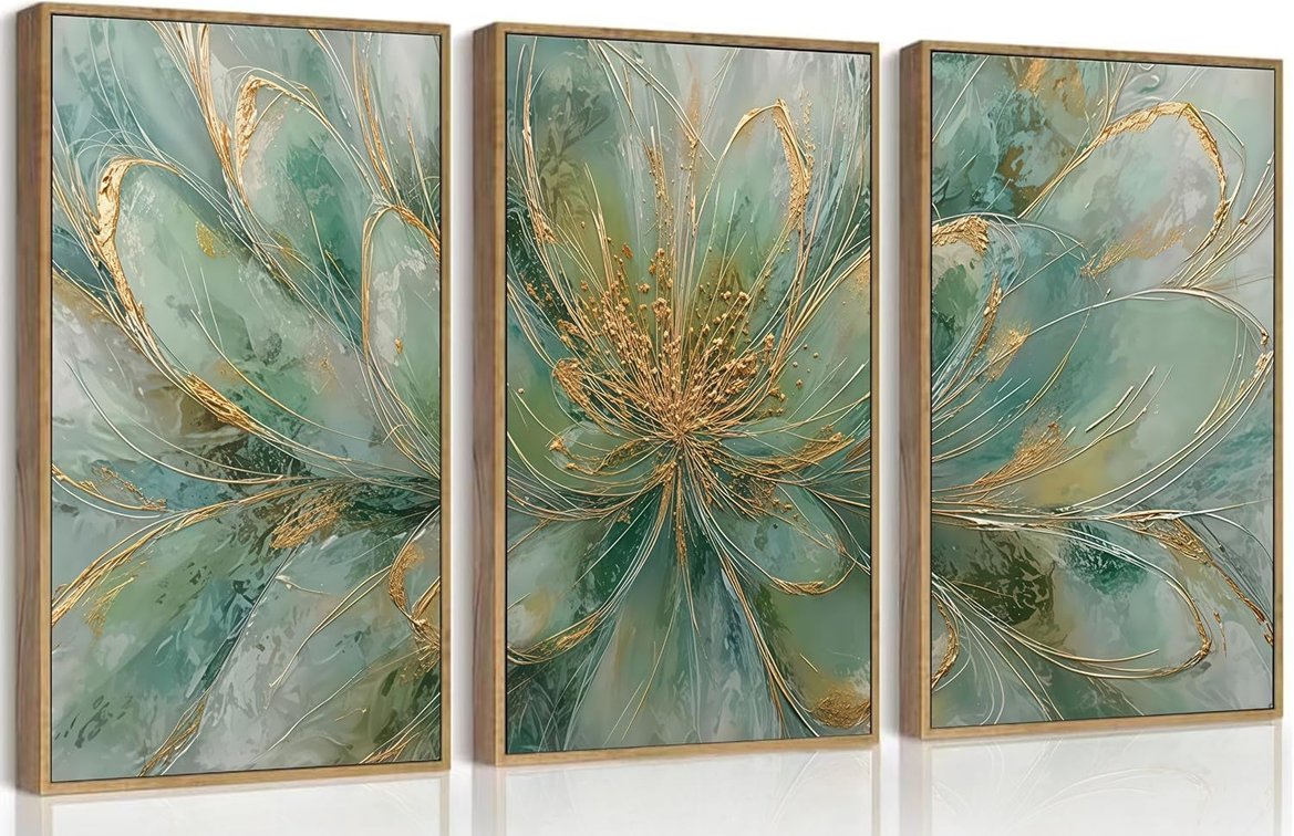 HOMTAI 3Pcs Emerald Green Gold Abstract Floral Canvas Wall Art 12x16Inch