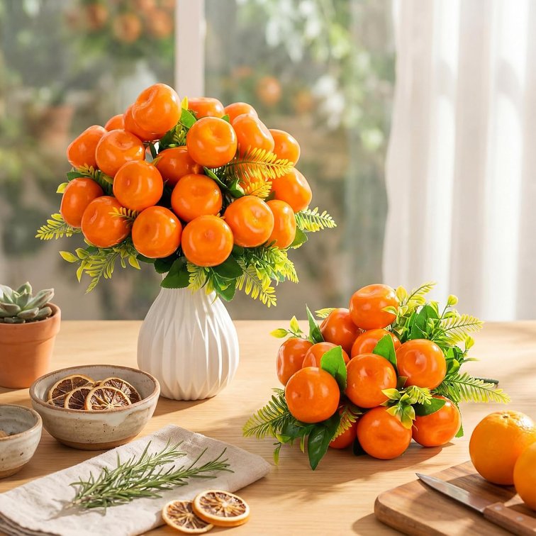 Daifunli 4 Pack 16 Inch Artificial Orange Branches with 12 Fruit Realistic Fake Orange Bouquet with Leaves Faux Fruit Flowers Table Centerpiece for Vase Home Party Wedding Decoration