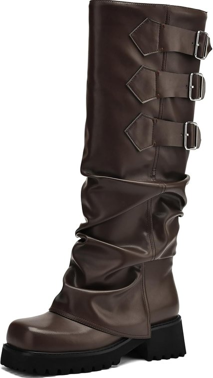 Size 9 Women's Knee High Moto Riding Boots, Fold Over Block Heel Platform