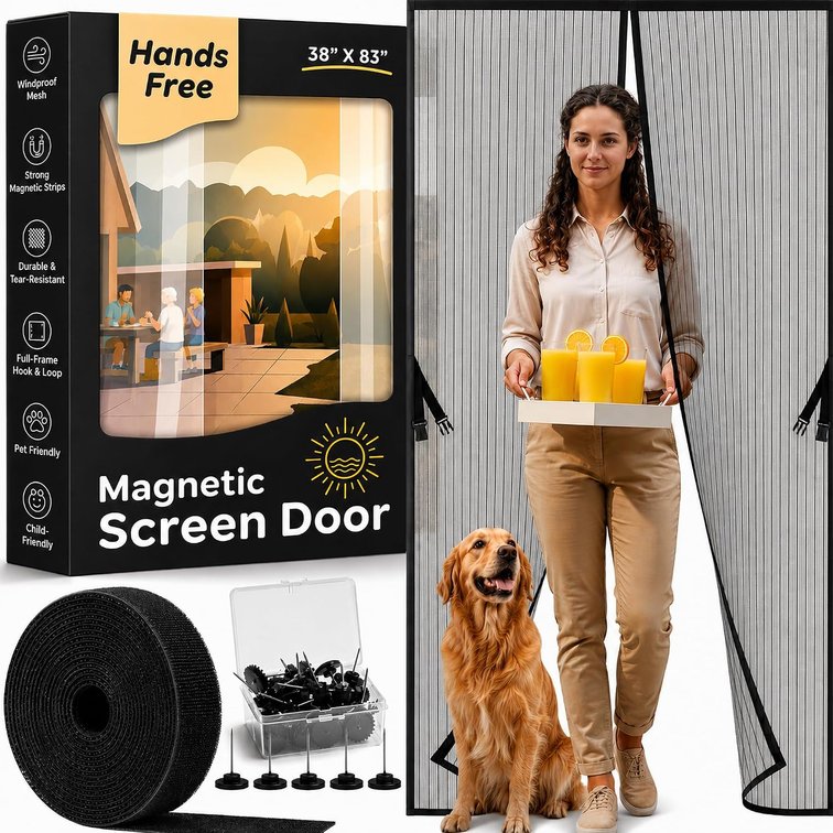 Hands-Free Magnetic Screen Door, Heavy Duty, Self Sealing Screen Door Mesh Protector, Pet and Kid-Friendly, Stay-Open Buckle, Keeps Bugs Out While Letting Nature in, Fits Door Size (39.4" x 82.7")