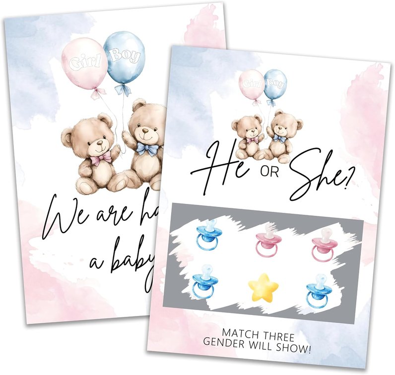 Large 5x7 Gender Reveal Scratch Off Cards, Boy or Girl Tic-Tac-Toe Game, Cute Teddy Bear & Pacifier Design, Ideal Baby Shower Game, Perfect Indoor Outdoor Party Supplies for Baby Boy Announcement