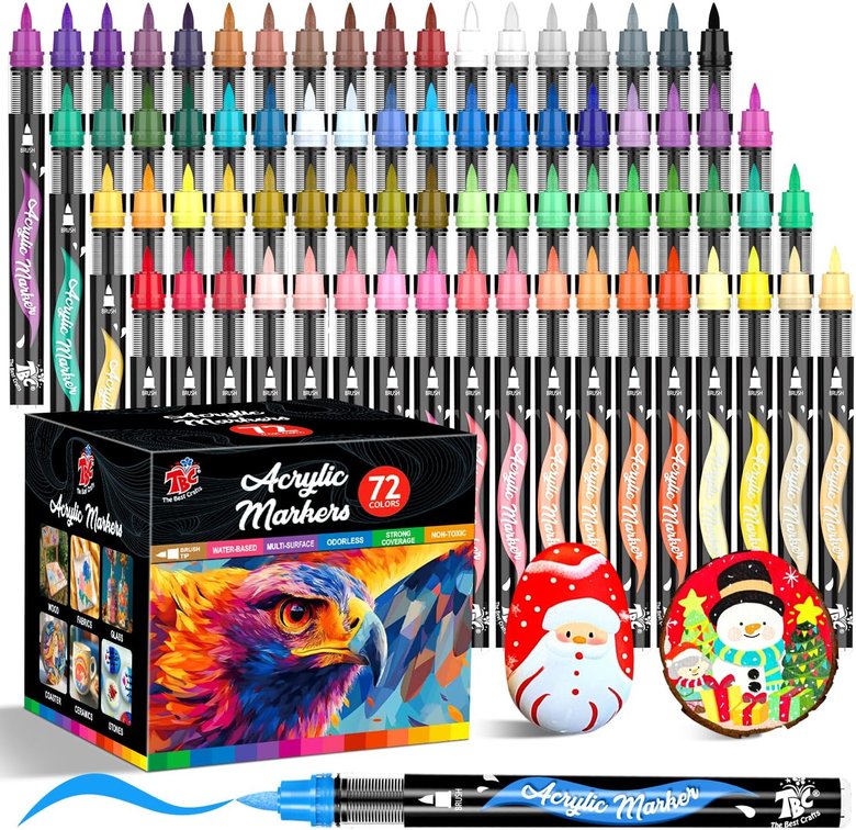 72 Colors Acrylic Paint Markers Brush Tip Automatic Ink Control No-Bleed