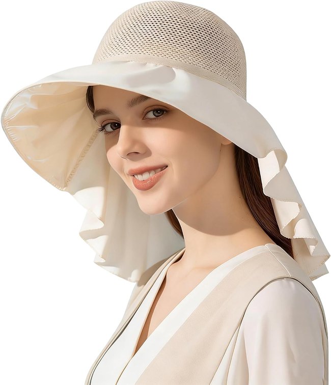 Breathable UV-Mesh-Sun-Bucket-Hats for Women - Summer Wide Brim Bucket Hat with Neck Flap, Fishing Hat for Outdoor
