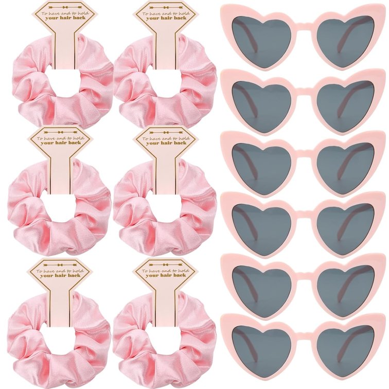 Satin Bridesmaid Scrunchies Bachelorette Hair Ties Set of 6 sunglasses Bridal Shower No Damage Hairties ideas Gift for Wedding Party Favors Bridesmaid Proposal Gifts (Pink)