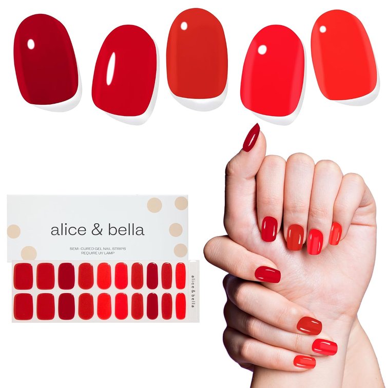 ALICE & BELLA Valentine's Day Semi Cured Gel Nail Strips-20 PCS Multi-Color Red Gradient Gel Stickers, Use with UV Light Lamp, Salon Quality Manicure Wraps (Gradient Red Skittles)