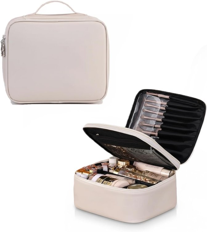 Travel Makeup Bag for White and Large Waterproof Cosmetic Case for Women