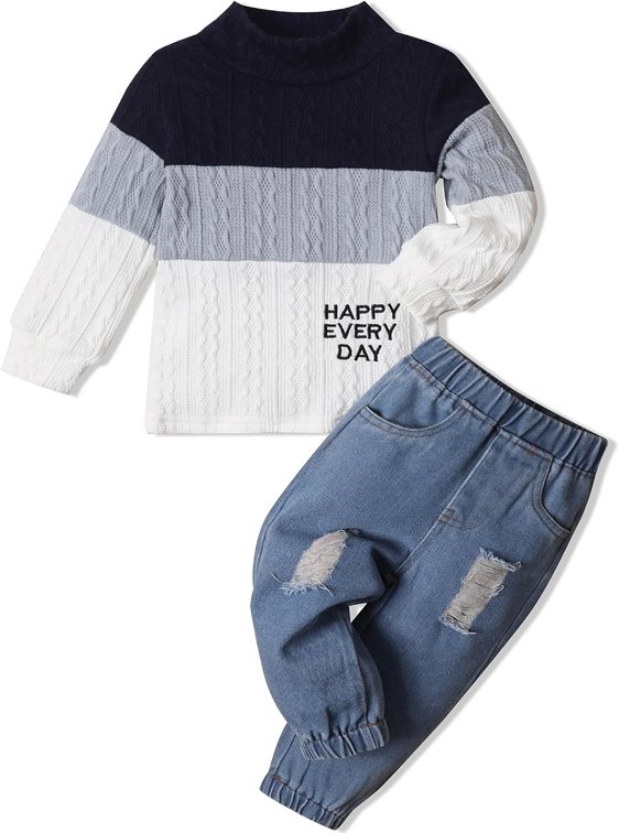 Size 9/10 Yrs Boy Clothes Color Block Sweater Jeans Boys Outifts Set
