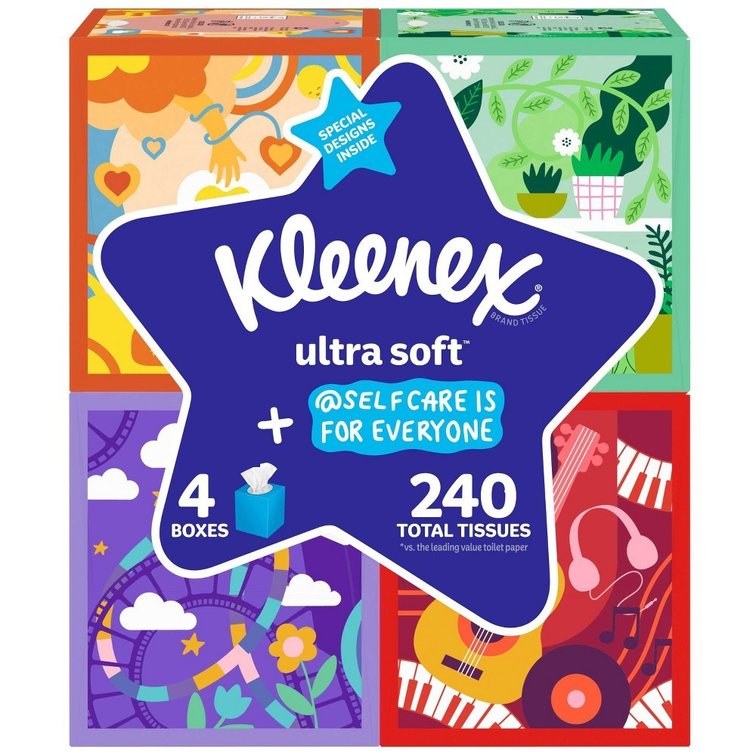 Boxes Smooshed - Box Design may Differ from Photo Kleenex Ultra Soft Facial Tissues - Self-Care Awareness Pack - 4pk/60ct: Dye-Free, 3-Ply, Square Container