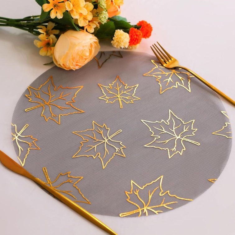 set of 4 - Snowkingdom 24 Pcs Fall Placemats, Black Gold Metallic Maple Leaves Thanksgiving Decoration, 13 inch Round Disposable Placemats, Golden Charger Kitchen Dining Table Mats for Autumn Harvest Party Decor
