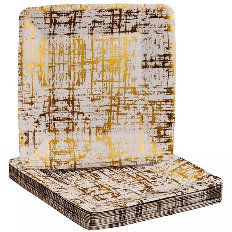 Set of 3 - 18 Gold Paper Disposable Square Plates, 7 Inch