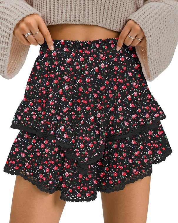 Size Medium Womens Flowy Shorts High Waist Pleated Mini Skirts Casual Boho Ruffle Tiered Skorts Cute Versatile Fashion Shorts